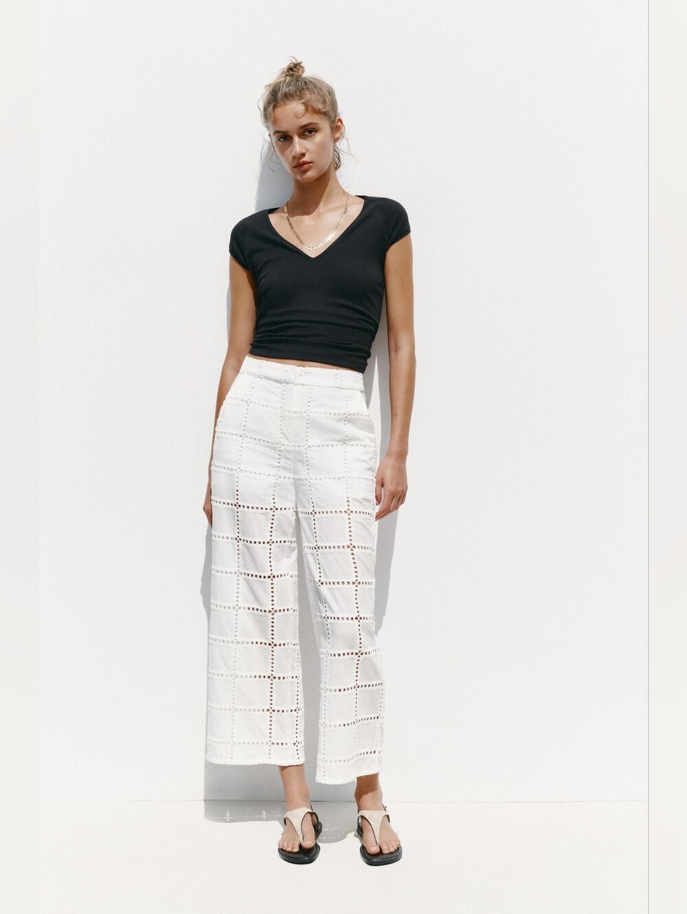 Zara White Lace Crochet Square Wide-Leg Pants XS NWT